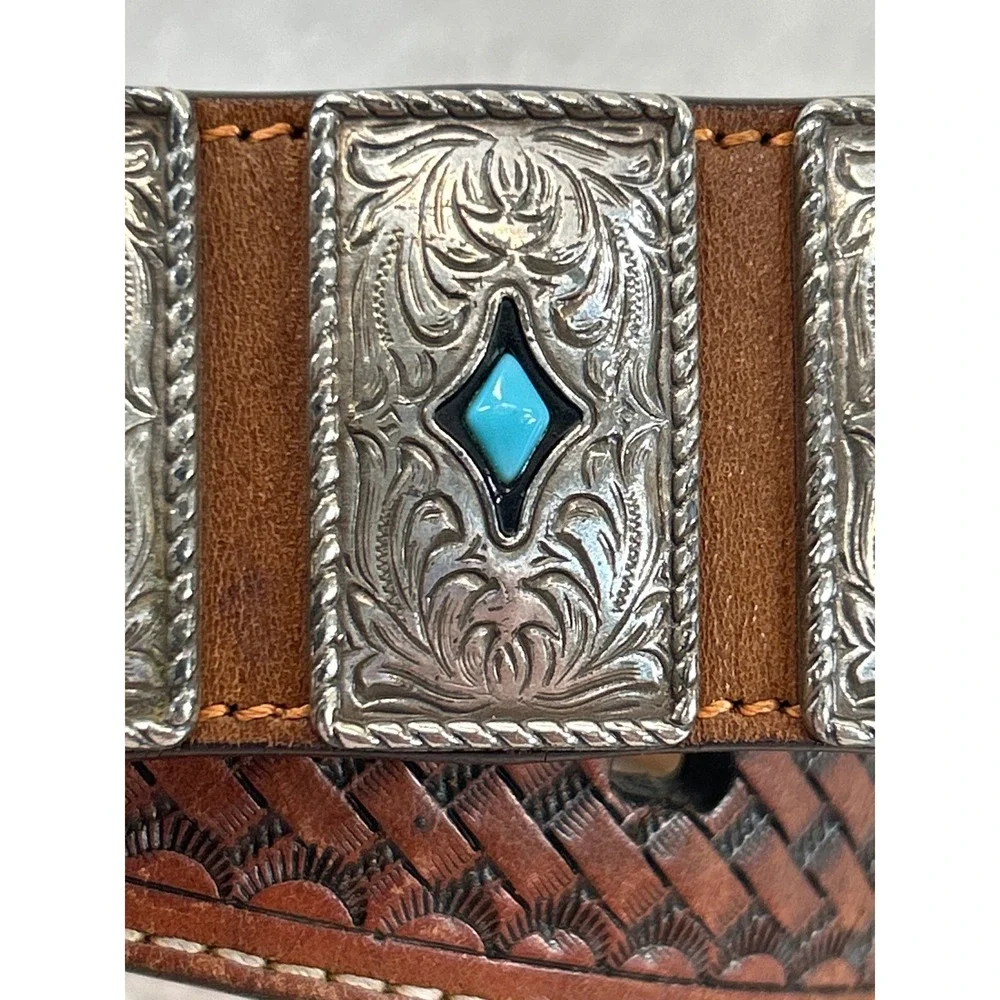 Leather Belt Unisex 34 Brown Handtooled Western Turquoise Concho Silver Buckle